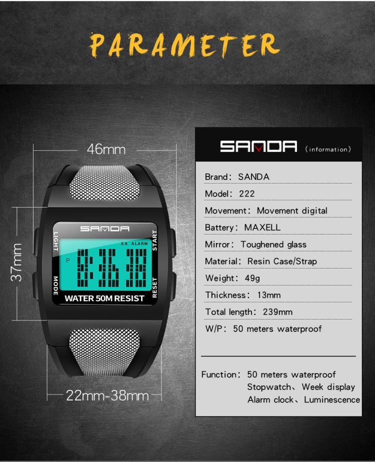 SANDA 222 watch parameter graphic with measurements and specs