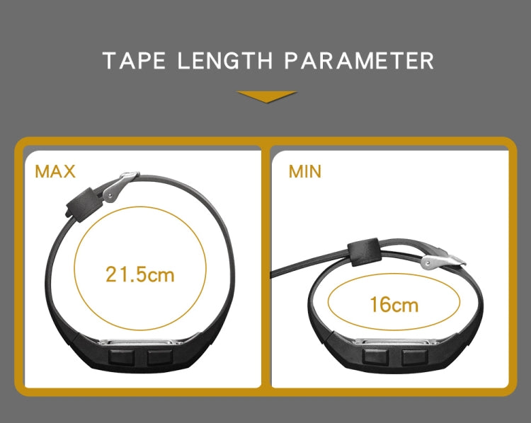Tape length parameter view of black square watch strap, max 21.5cm and min 16cm