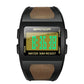 Black square digital sports watch with gold mesh strap and green LCD bar display
