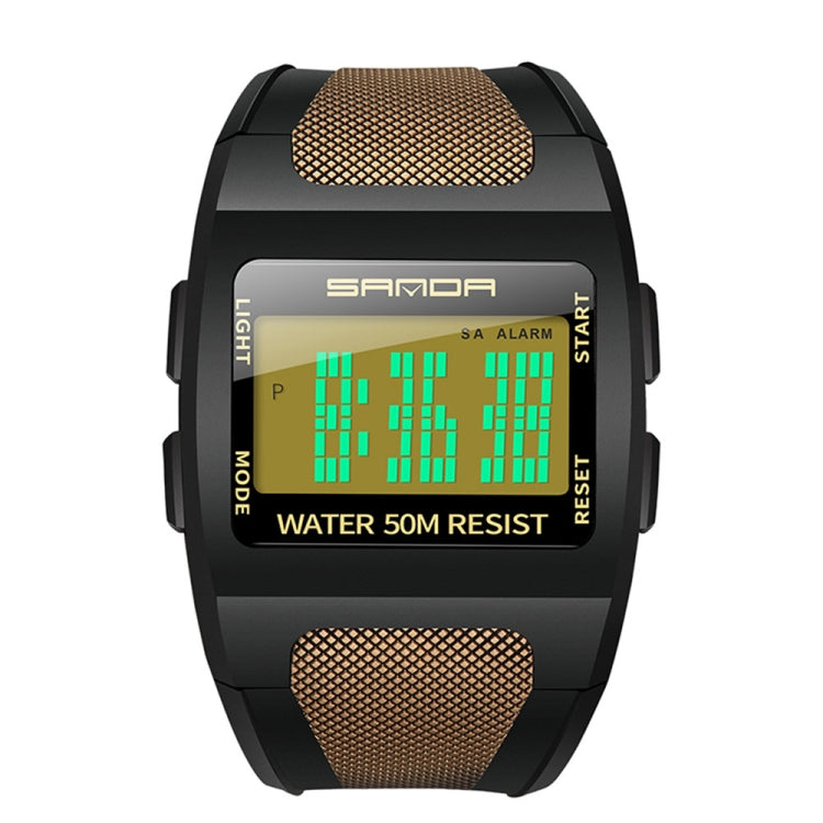 Black square digital sports watch with gold mesh strap and green LCD bar display