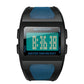 Black square digital sports watch with blue mesh strap and teal LCD bar display