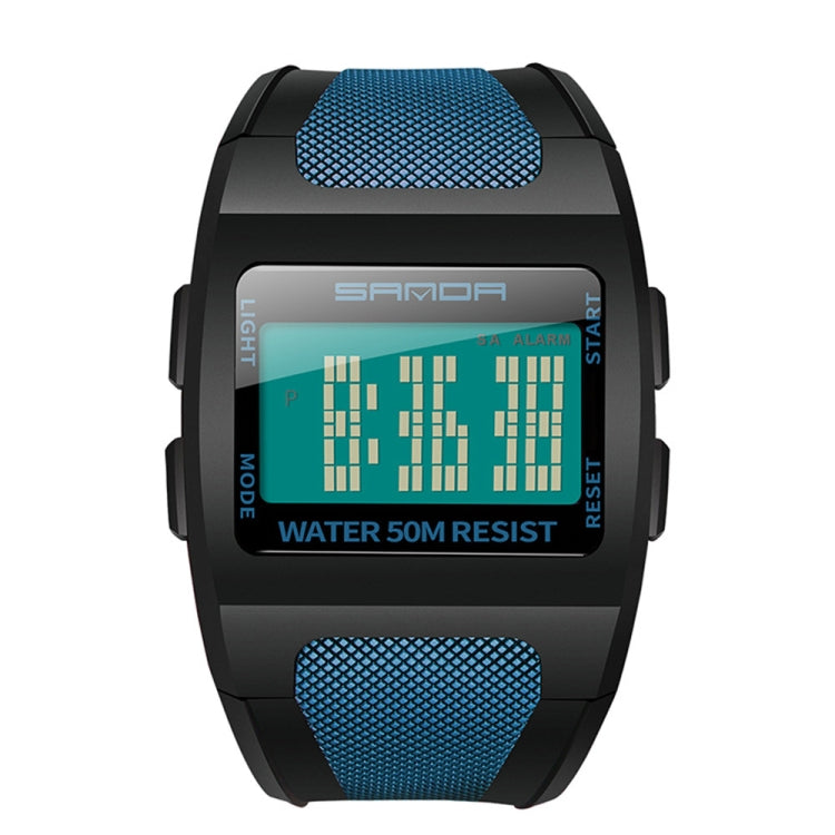 Black square digital sports watch with blue mesh strap and teal LCD bar display