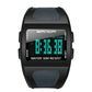 Black square digital sports watch with dark blue mesh strap and cyan LCD bar display