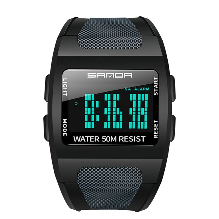 Black square digital sports watch with dark blue mesh strap and cyan LCD bar display