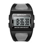 Black square digital sports watch with silver mesh strap and white LCD bar display