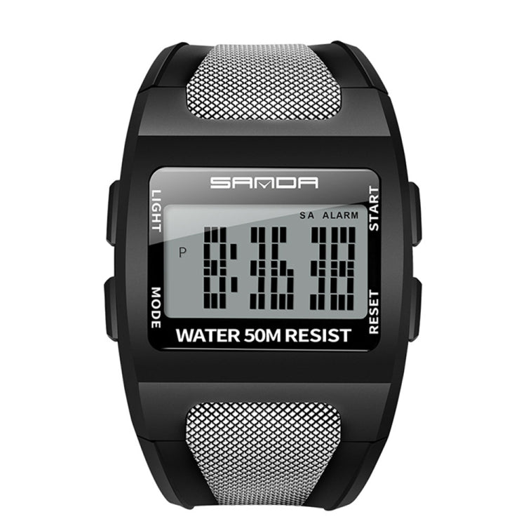 Black square digital sports watch with silver mesh strap and white LCD bar display