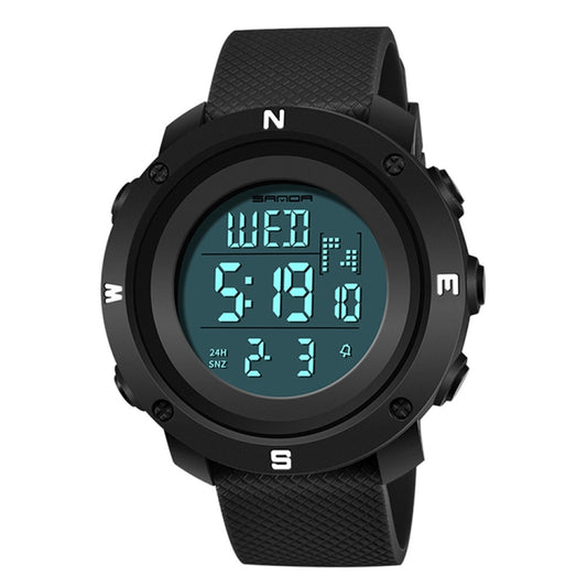 Black digital sports watch with night light, blue LCD digits on round face