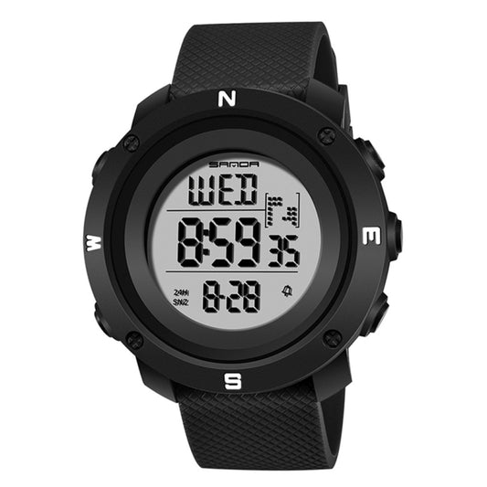 Black digital sports watch with night light, silicone strap, round LCD display