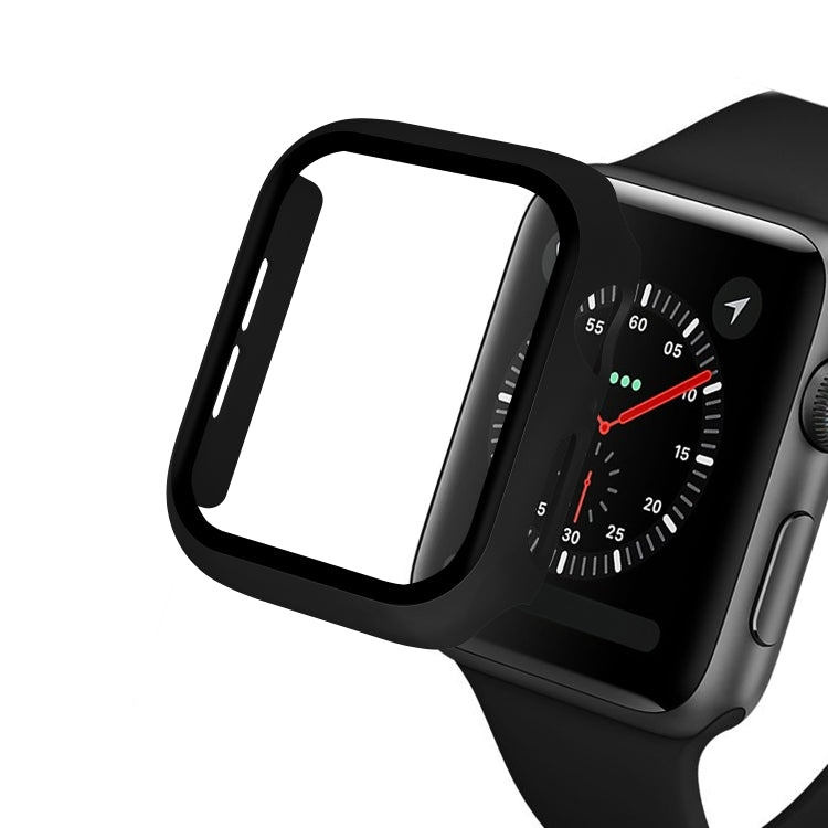 Black full-coverage Apple Watch case with clear tempered glass screen protector