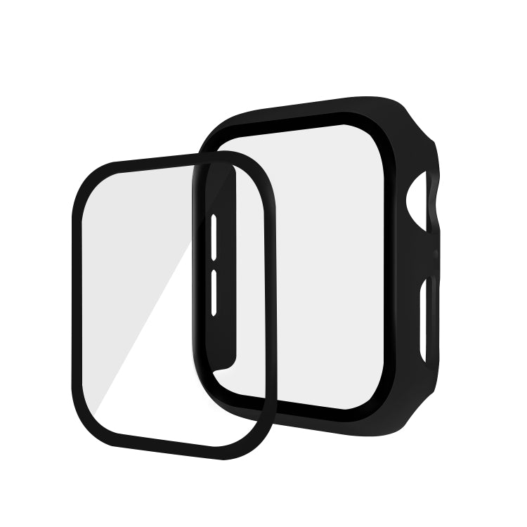 Black full-coverage Apple Watch case with tempered glass protector, front close-up