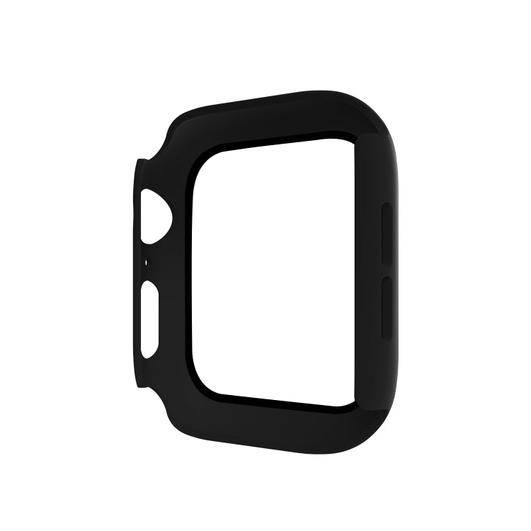 Black full-coverage Apple Watch case, side view with cutouts and raised edges