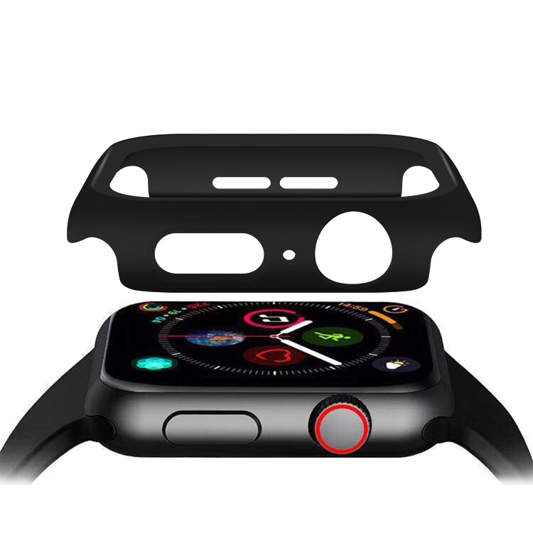 Black full-coverage Apple Watch case with open front and tempered glass over display