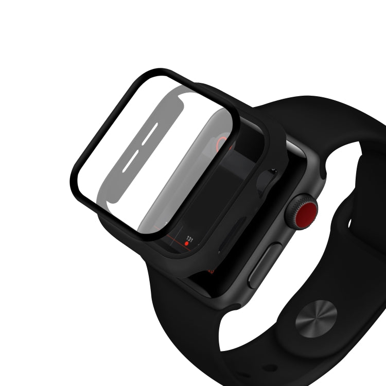 Black Apple Watch case with tempered glass protector fitted over watch face