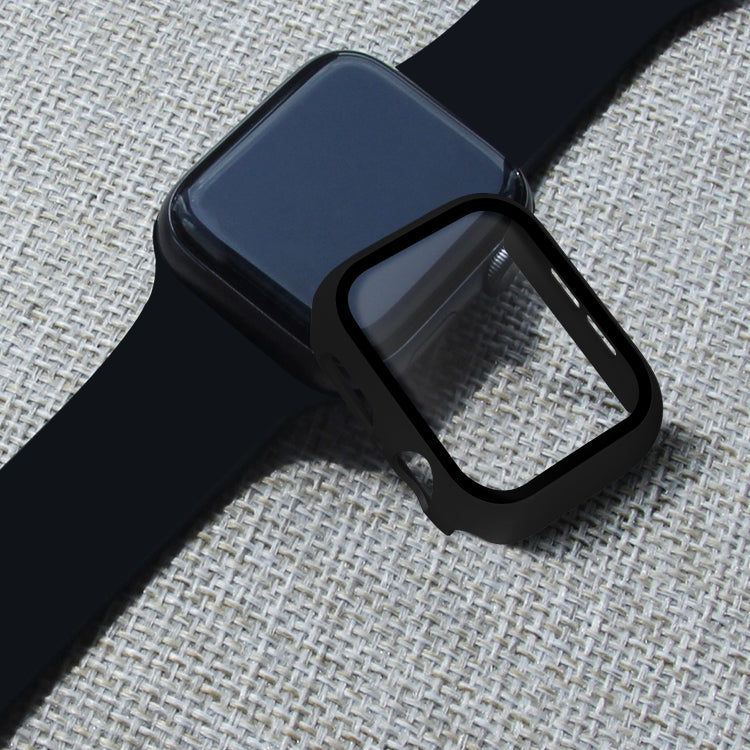 Blue Apple Watch case with clear tempered glass screen protector on strap