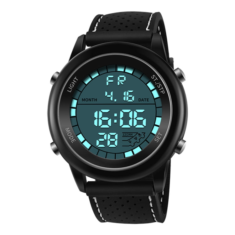 Black youth multifunction digital watch with blue-green display and silicone strap
