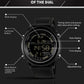 Multifunction digital wrist watch with black dial, black bezel, perforated strap, buttons