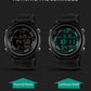 Dual view multifunction digital watch with black case, perforated strap, glowing luminous dial
