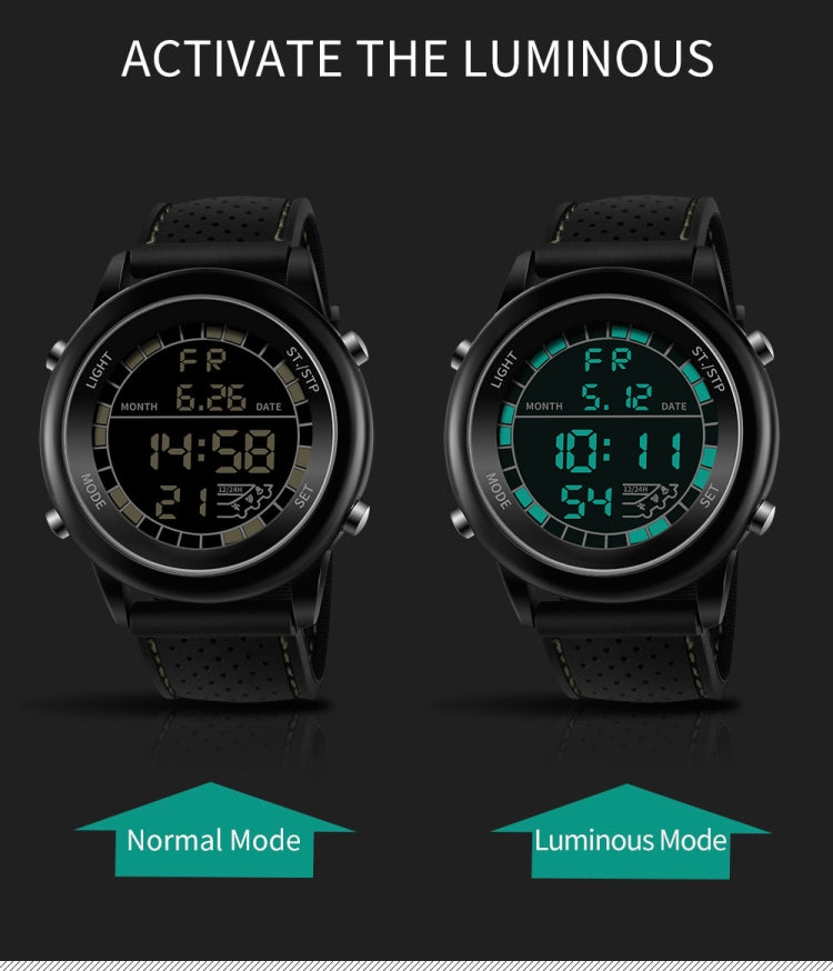 Dual view multifunction digital watch with black case, perforated strap, glowing luminous dial