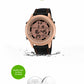 Multifunction digital wrist watch with rose-gold case, black perforated strap, digital display