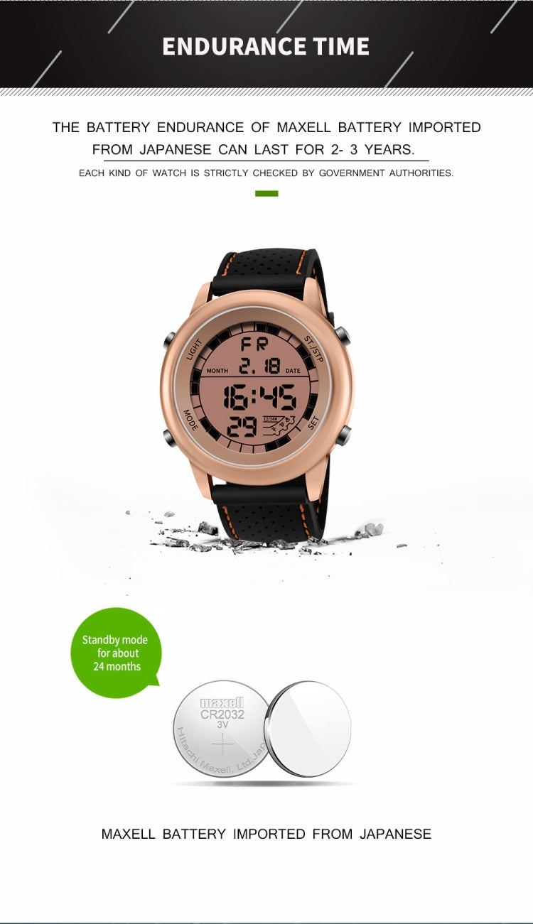 Multifunction digital wrist watch with rose-gold case, black perforated strap, digital display