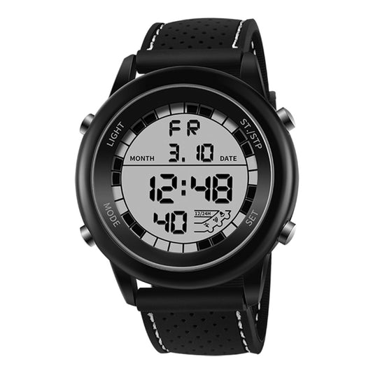 Black youth multifunction digital sports watch with perforated silicone strap
