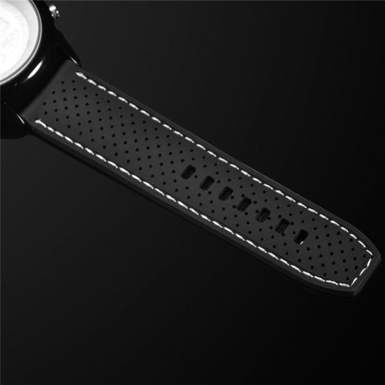 Black perforated silicone watch strap with white edge stitching