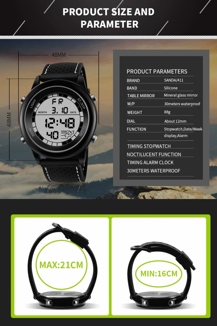Youth digital sports watch size chart showing adjustable fit from 16 cm to 21 cm