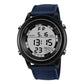 Multifunction digital wrist watch with blue perforated strap and black round digital display