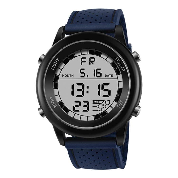 Multifunction digital wrist watch with blue perforated strap and black round digital display