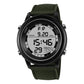 Multifunction digital wrist watch with green perforated strap and black round digital display