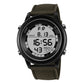 Multifunction digital wrist watch with dark green perforated strap and black round digital display