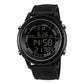 Multifunction digital wrist watch with black perforated strap and black round digital display
