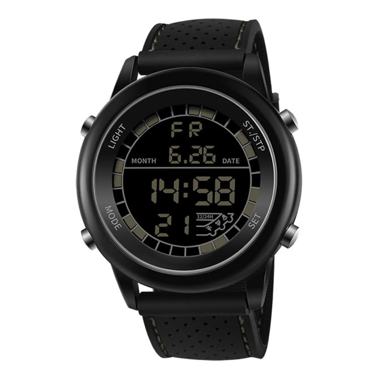 Multifunction digital wrist watch with black perforated strap and black round digital display