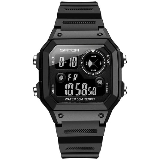 Square digital sport wristwatch with black strap and green LED date and time readout