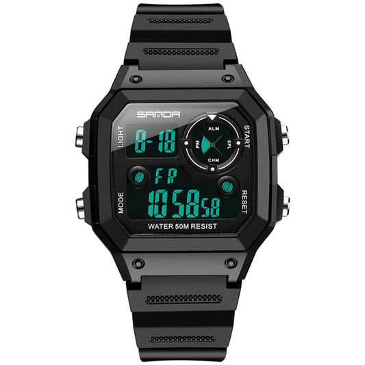 Square digital sport wristwatch with black strap and green backlit time display