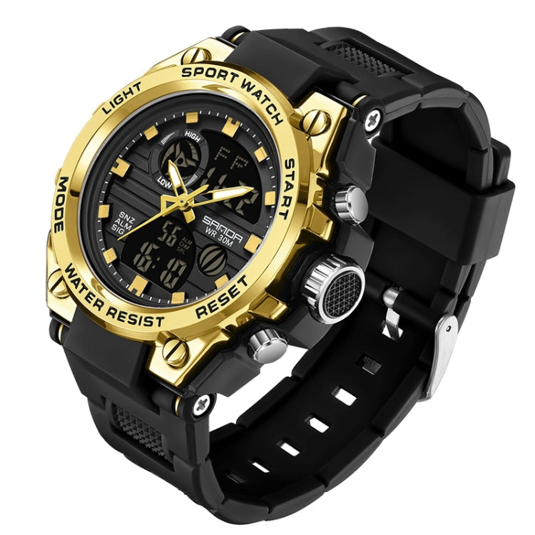 Gold-tone sport wristwatch with black silicone strap and digital display, waterproof style.