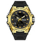 Gold-tone sport wristwatch with black silicone strap, round analog-digital display, WR 30M.