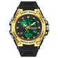 Gold-tone sport wristwatch with black silicone strap and green-lit digital display, waterproof style.