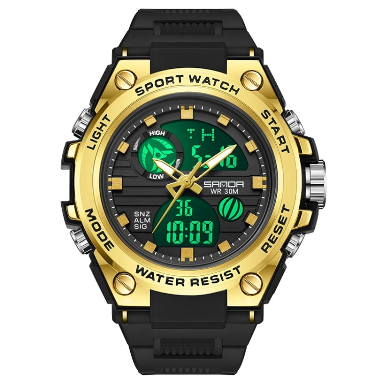 Gold-tone sport wristwatch with black silicone strap and green-lit digital display, waterproof style.