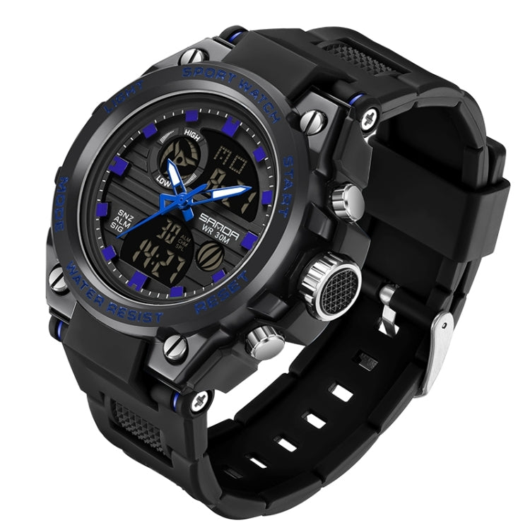 Black sport wristwatch with blue accents, chunky bezel, black silicone strap, digital display.