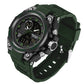 Green sport wristwatch with dark bezel, chunky design, silicone strap, digital display.