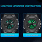 Sport wristwatch with green-lit display, black bezel and silicone strap, waterproof design.