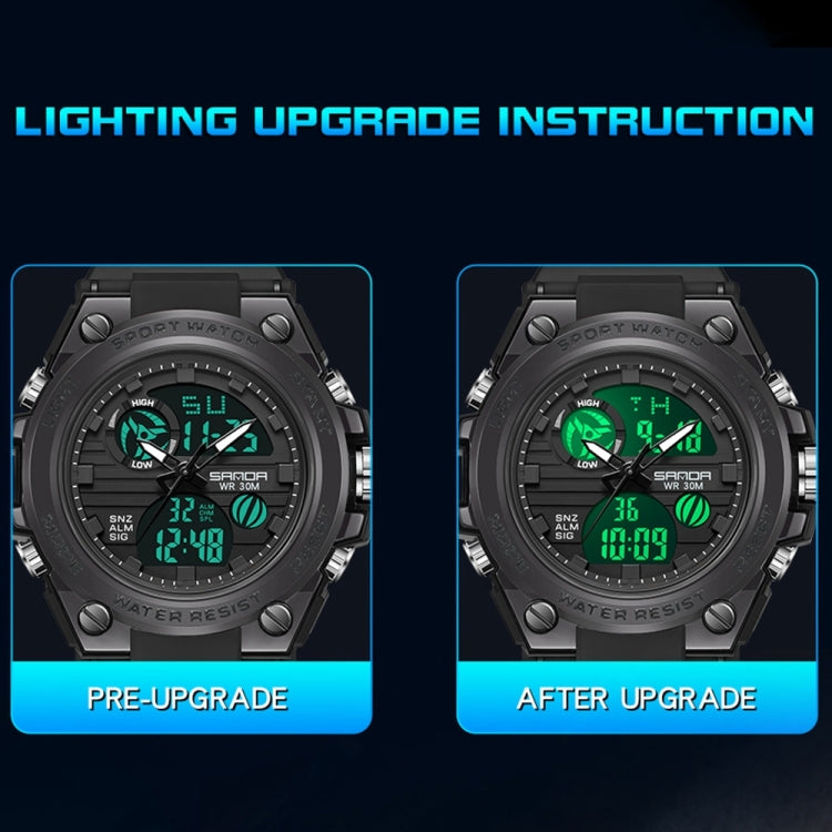 Sport wristwatch with green-lit display, black bezel and silicone strap, waterproof design.