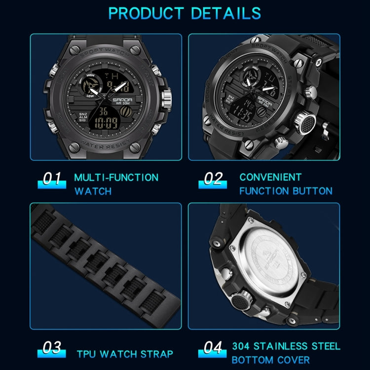 Digital sports watch with black TPU strap, metal back, and convenient side function buttons