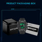 Digital sports watch with box packaging and branded label card, black strap and dial