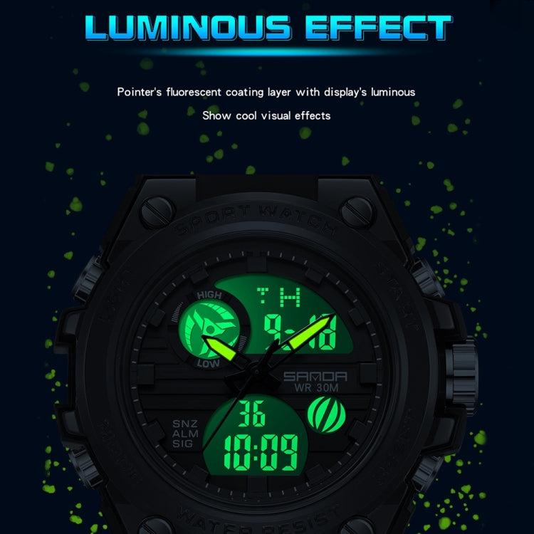 Close-up sport wristwatch with green luminous dial and dark silicone case, digital numbers visible.