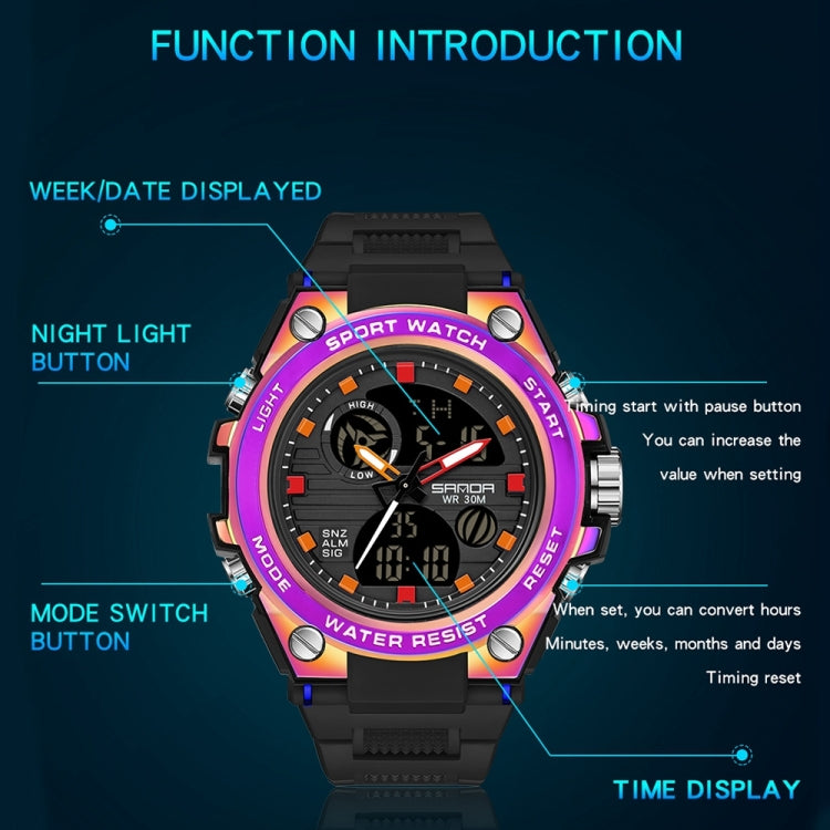Digital sports watch with black dial, colorful bezel accents, and side mode buttons