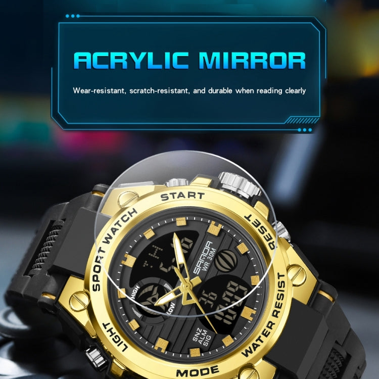 Gold-accent digital sports watch with black dial and chronograph-style subdials