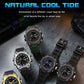 Assorted digital sports watches with black straps and colored bezels (green, silver, blue, gold)
