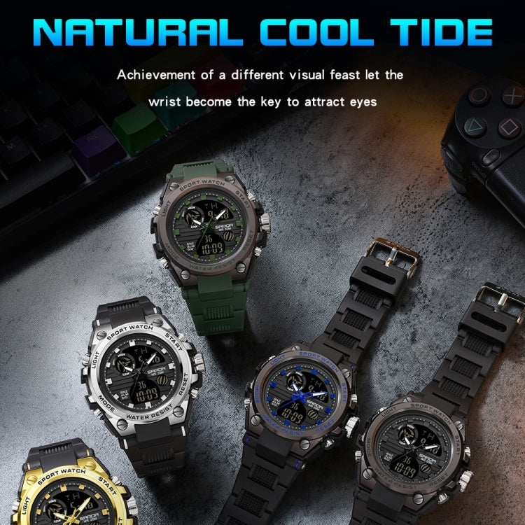Assorted digital sports watches with black straps and colored bezels (green, silver, blue, gold)